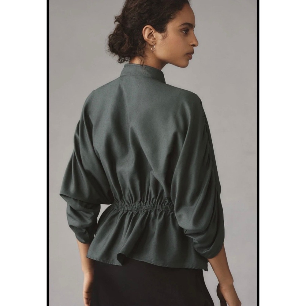Maeve Anthropologie Dark Green Linen Blend Ruched Sleeve Peplum Blouse XS Earthy - Picture 2 of 8
